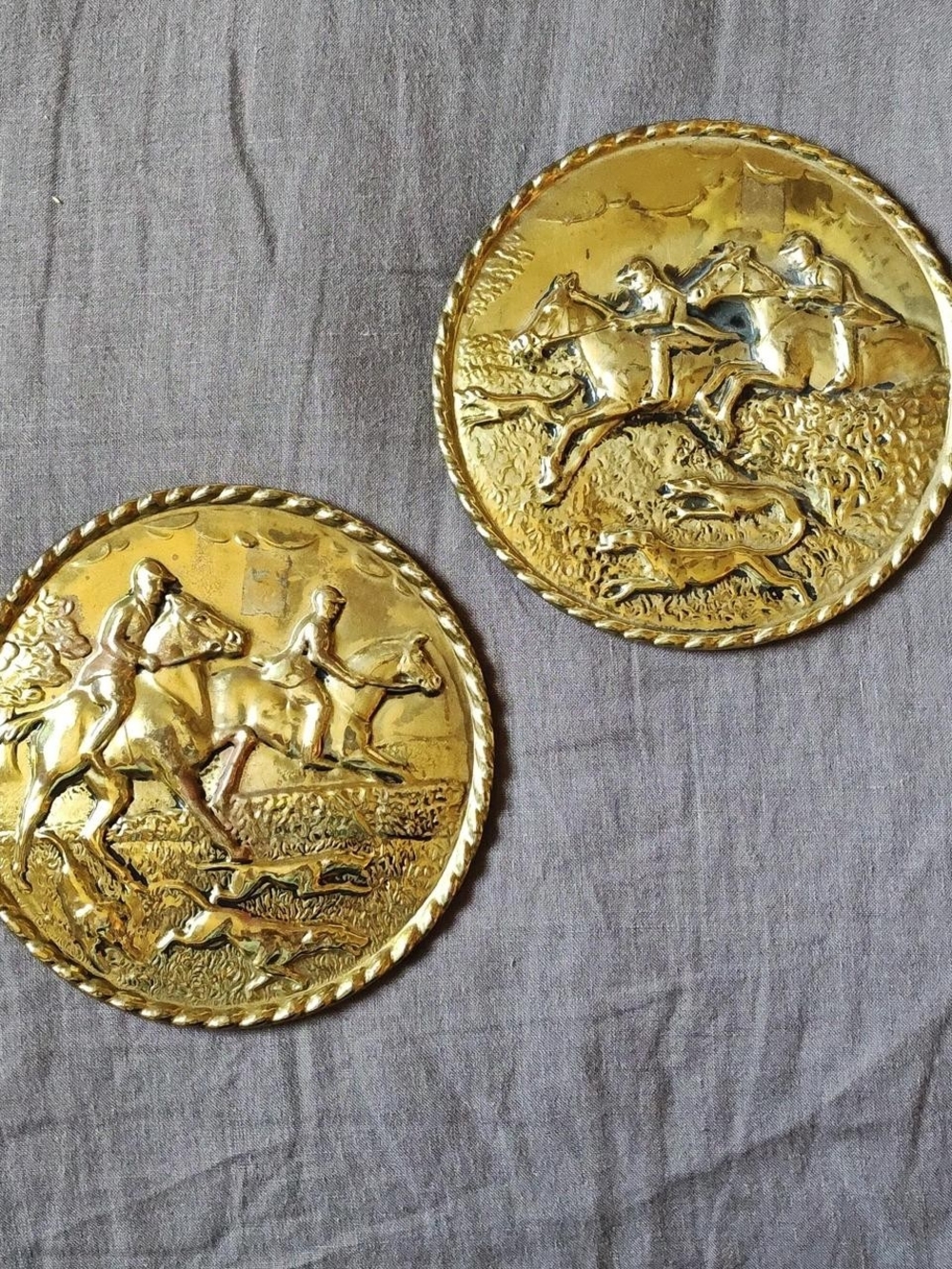 vintage embossed brass wall hanging or decorative plate mid century set of 2